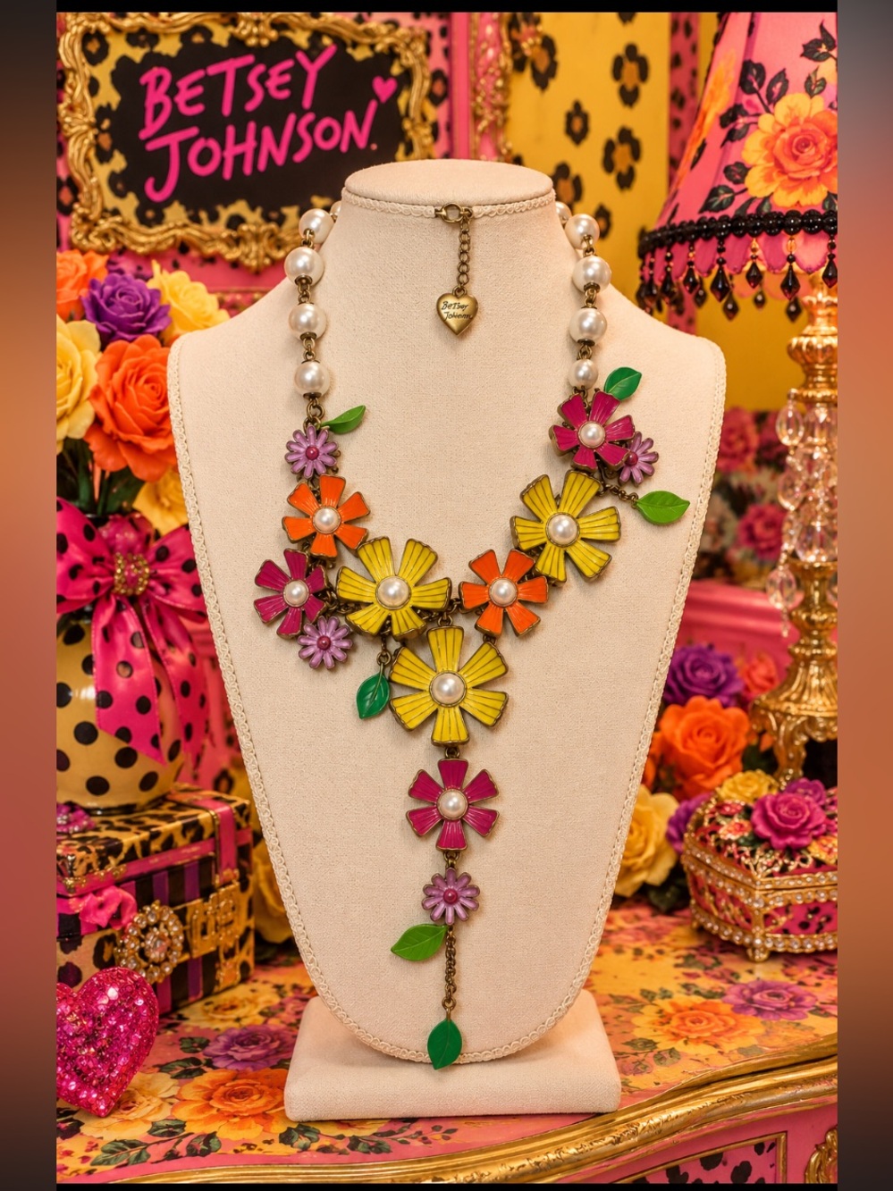 Betsey Johnson Multi-Color Floral Statement Necklace - Pink, Orange, Yellow